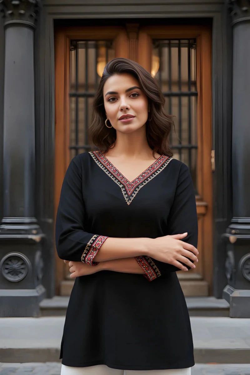 Nayoora Noir Artisanal Embroidered V Neck Tunic - Nayoora