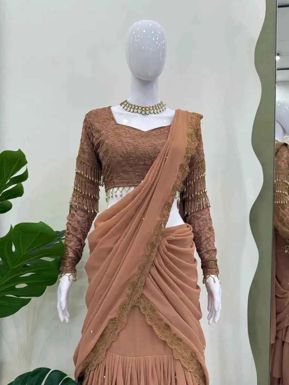 Nayoora Nude Peach Ready - to - Wear Ruffle Saree - Nayoora