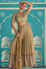 Nayoora Olive Gold Embellished Georgette Palazzo Suit with Dupatta - View 1