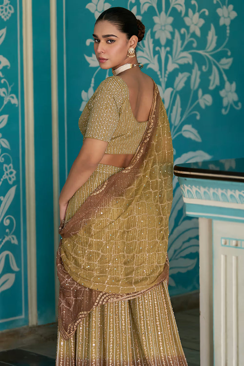 Nayoora Olive Gold Embellished Georgette Palazzo Suit with Dupatta - View 2