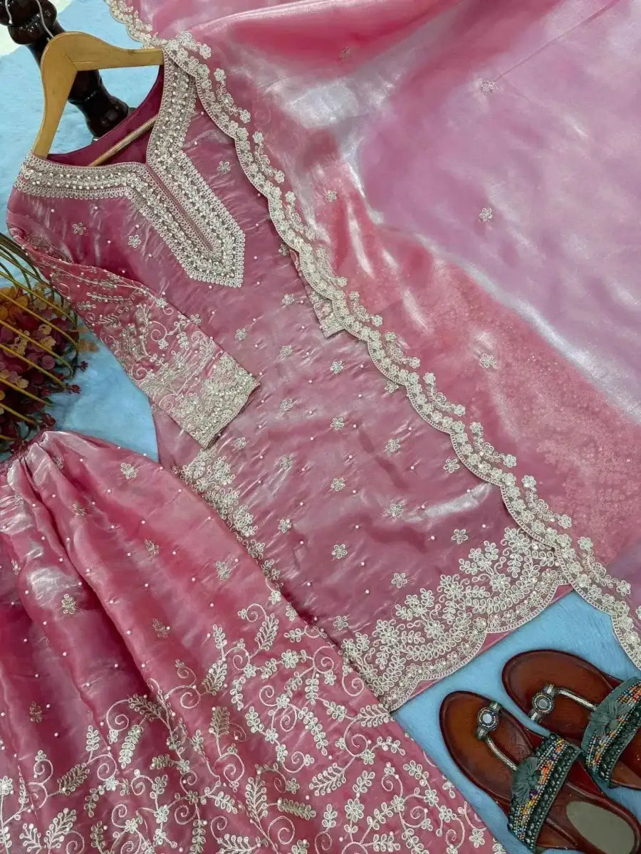 Pink embroidered palazzo suit kurta with scalloped silver border and scattered motif work