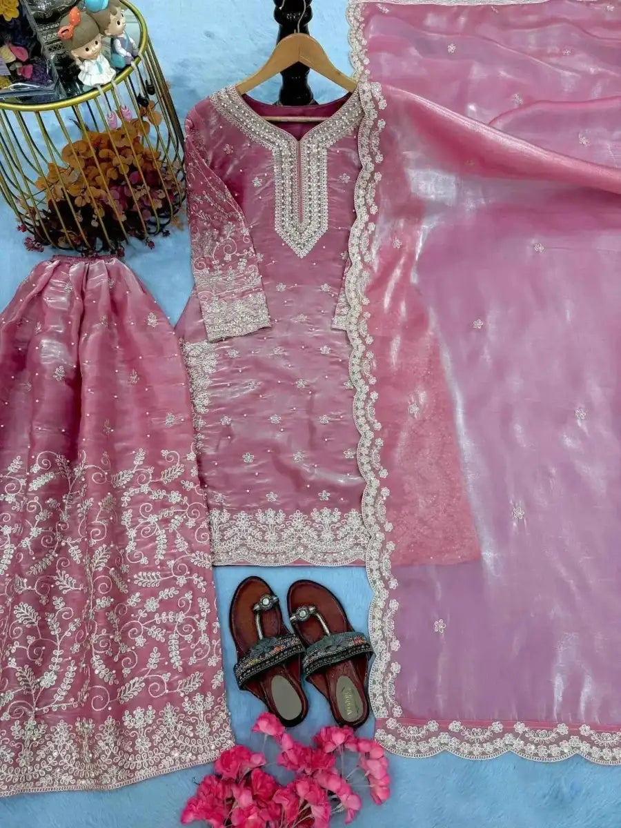 Pink embroidered kurta set with dupatta drape and matching embellished palazzo pants