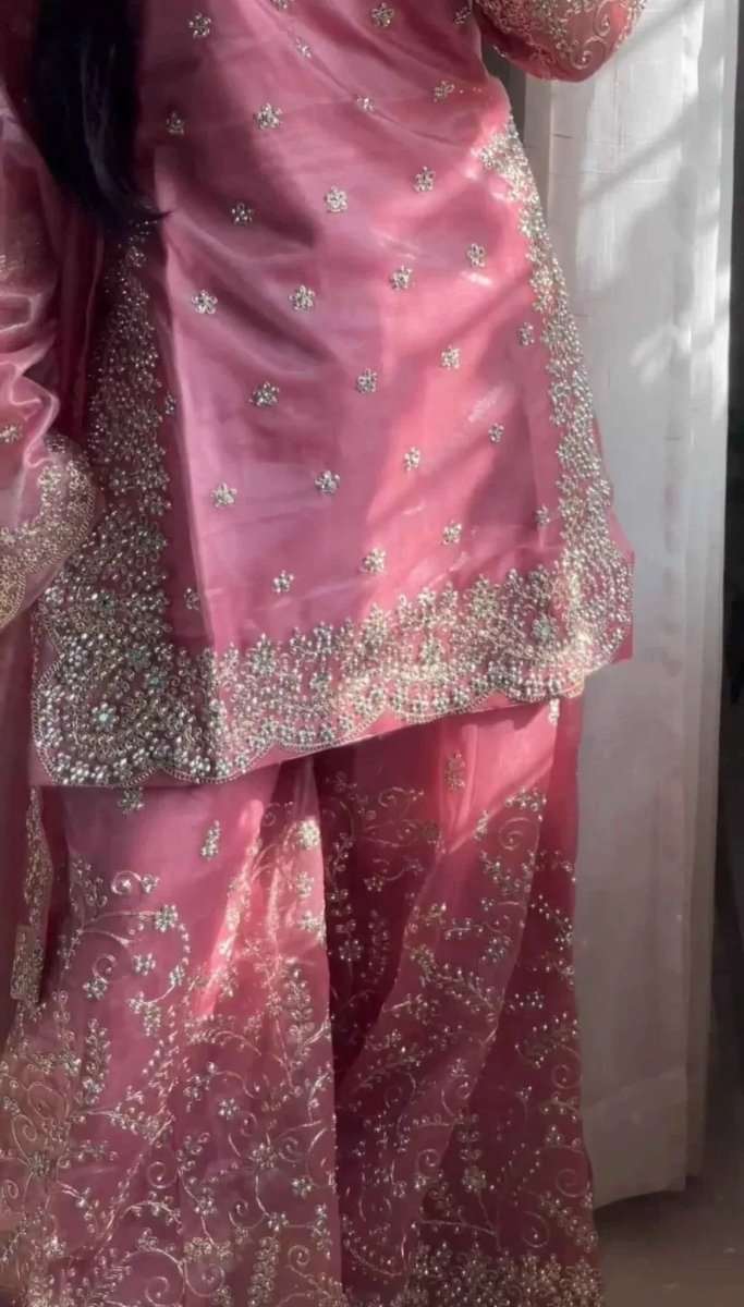 Pink palazzo suit with motif-embroidered kurta and matching wide-leg palazzo pants