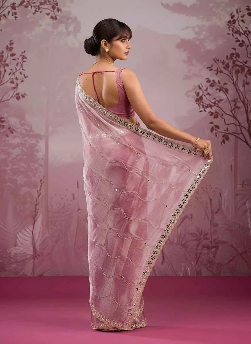 Nayoora Onion Pink Burberry Silk Saree – Real Mirror Handwork - Nayoora