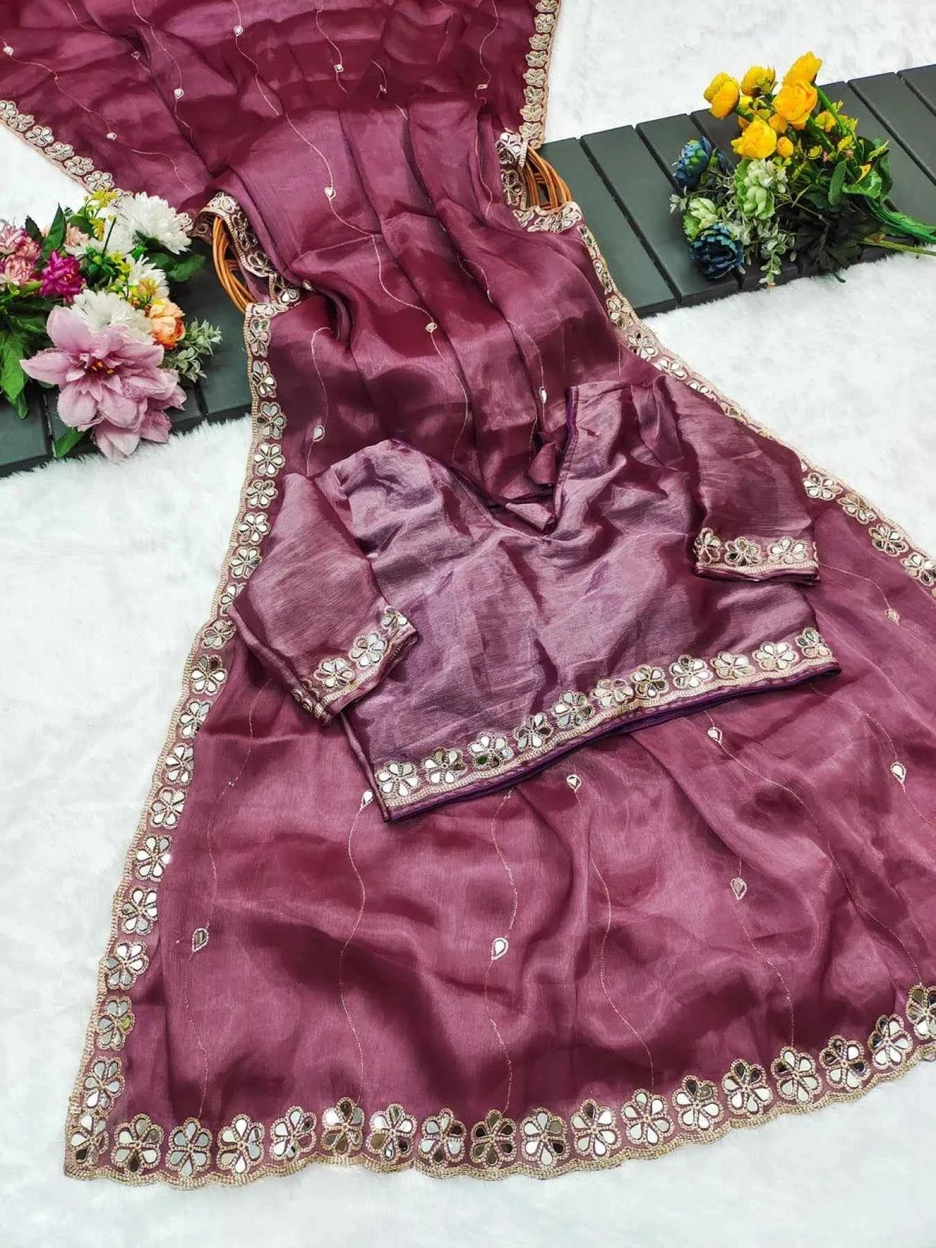 Nayoora Onion Pink Burberry Silk Saree – Real Mirror Handwork - Nayoora