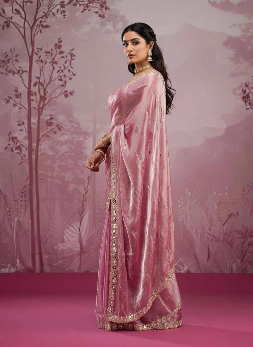 Nayoora Onion Pink Burberry Silk Saree – Real Mirror Handwork - Nayoora