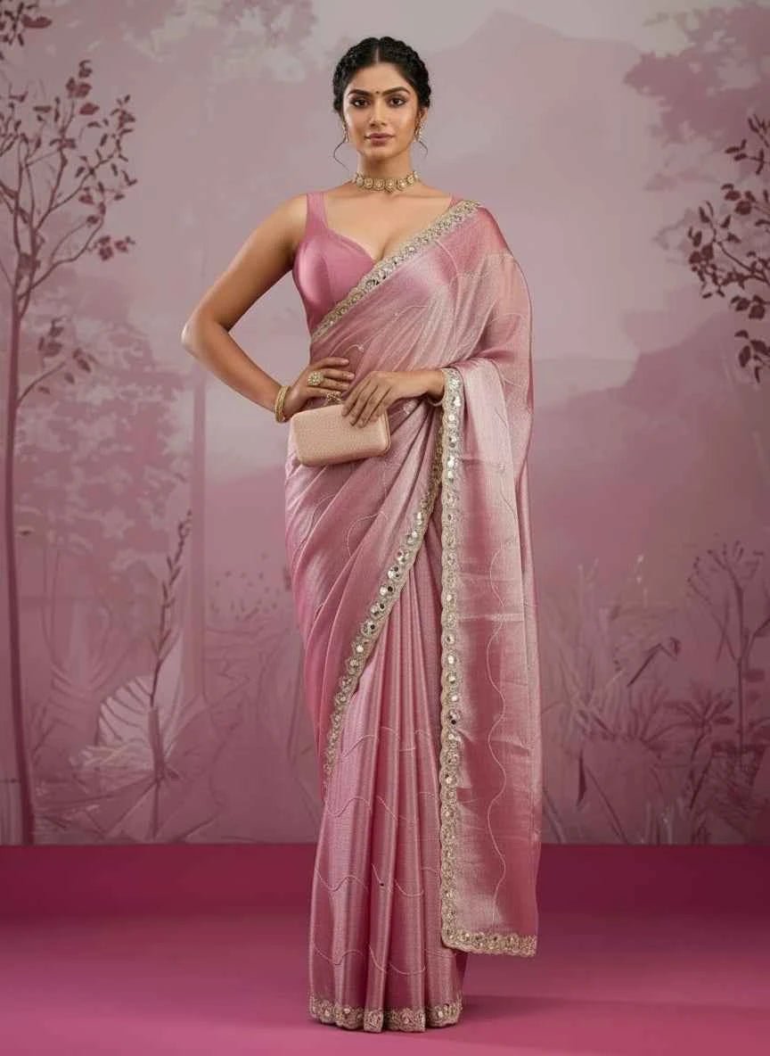 Nayoora Onion Pink Burberry Silk Saree – Real Mirror Handwork - Nayoora