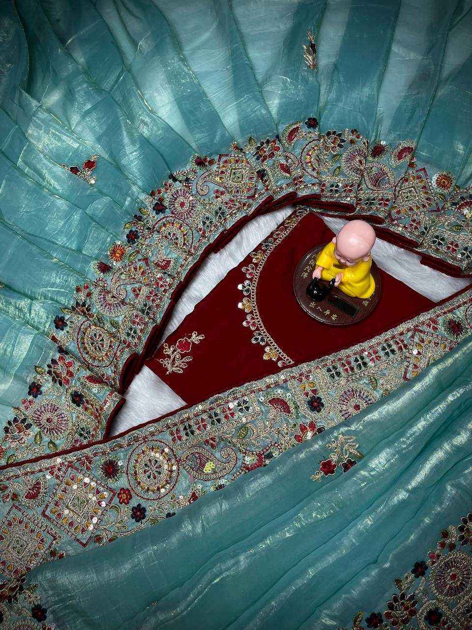 Nayoora Pastel Aqua Crush Saree – Heavy Multi - Color Embroidered Border - Nayoora