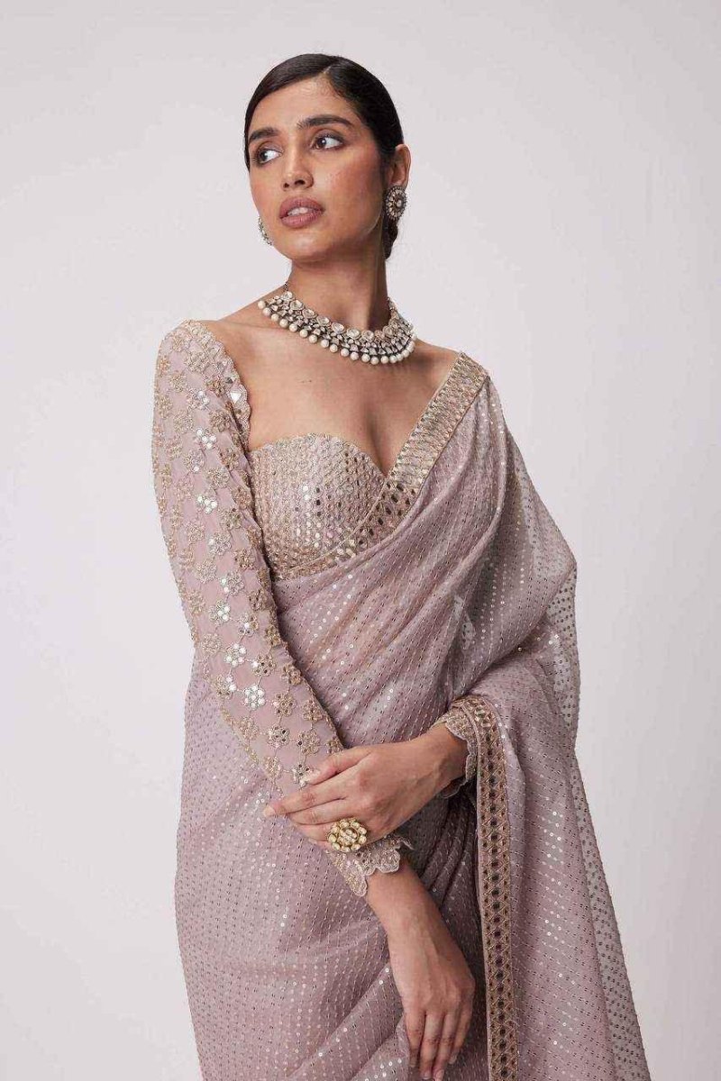 Nayoora Pastel Lavender Georgette Saree – All - Over Sequin & Mirror Work - Nayoora