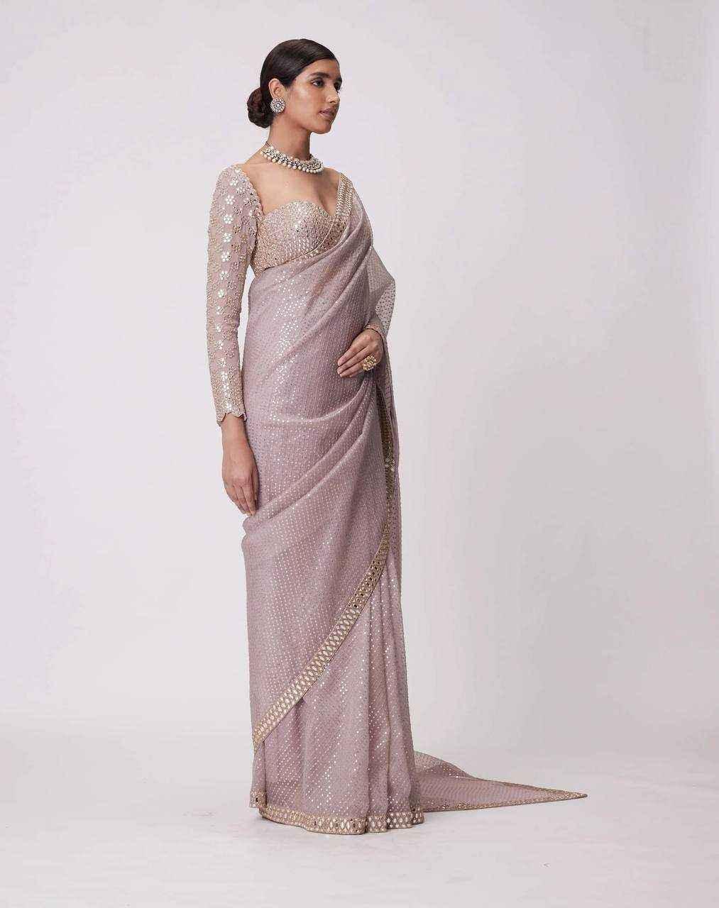 Nayoora Pastel Lavender Georgette Saree – All-Over Sequin & Mirror Work - Nayoora