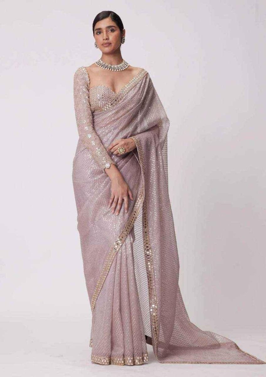 Nayoora Pastel Lavender Georgette Saree – All - Over Sequin & Mirror Work - Nayoora
