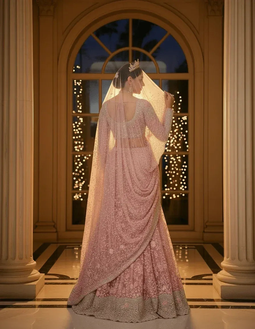 Nayoora Pastel Pink Net Saree – All - Over Floral Embroidery & Sequin Work - Nayoora