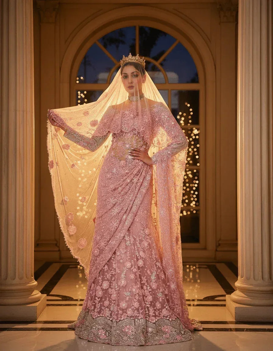 Nayoora Pastel Pink Net Saree – All - Over Floral Embroidery & Sequin Work - Nayoora