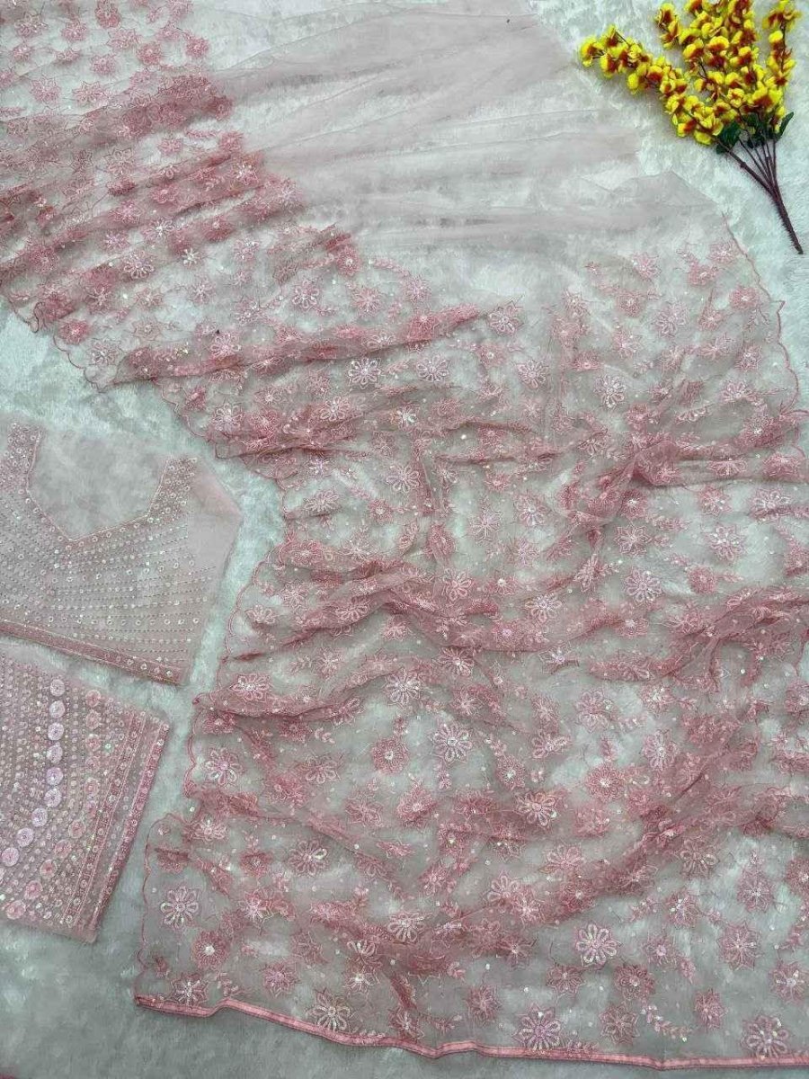 Nayoora Pastel Pink Net Saree – All - Over Floral Embroidery & Sequin Work - Nayoora