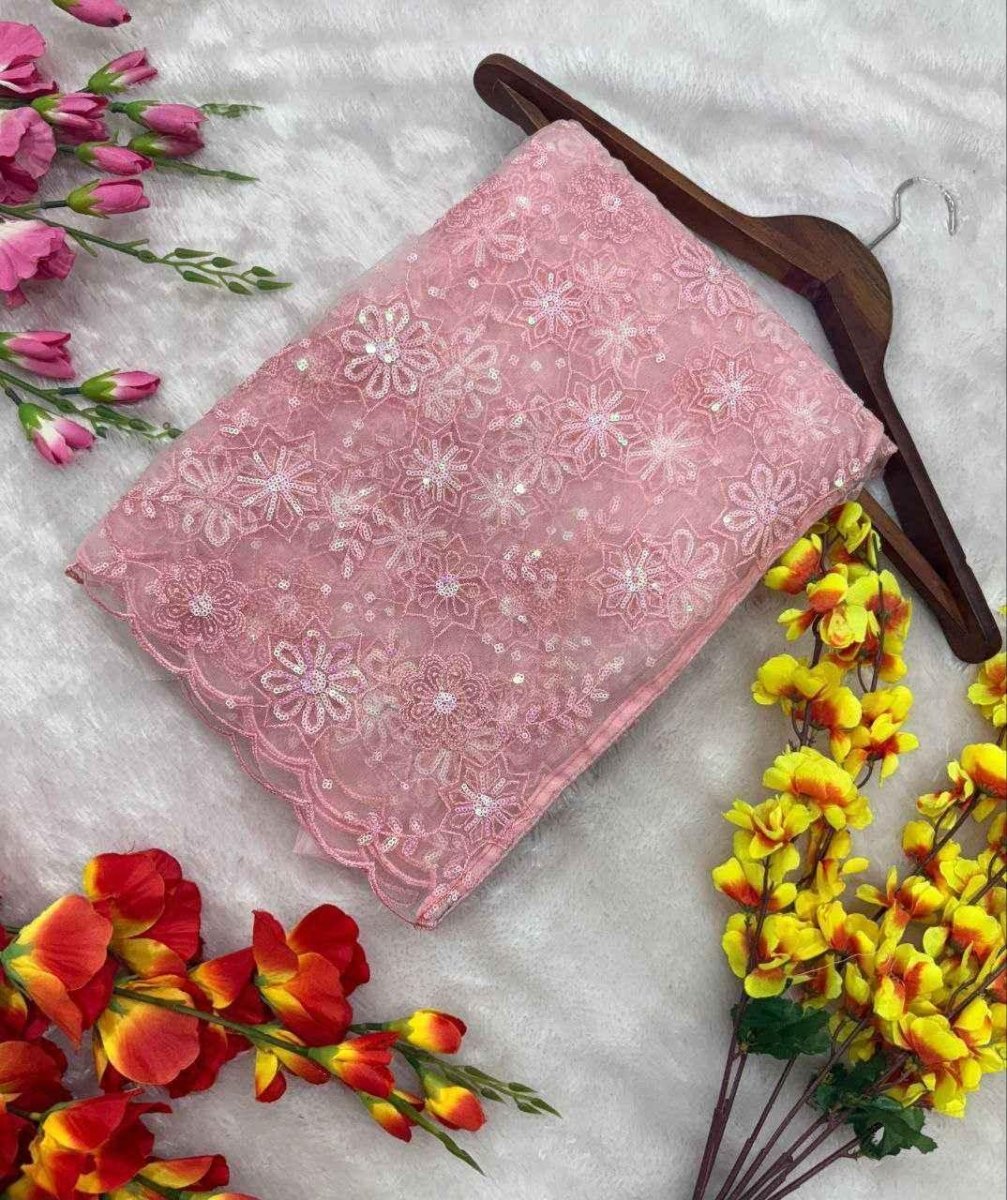 Nayoora Pastel Pink Net Saree – All - Over Floral Embroidery & Sequin Work - Nayoora