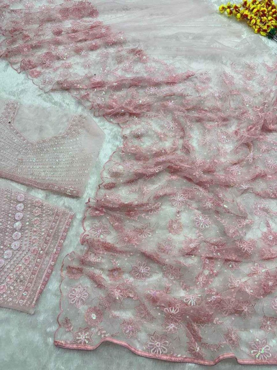 Nayoora Pastel Pink Net Saree – All - Over Floral Embroidery & Sequin Work - Nayoora