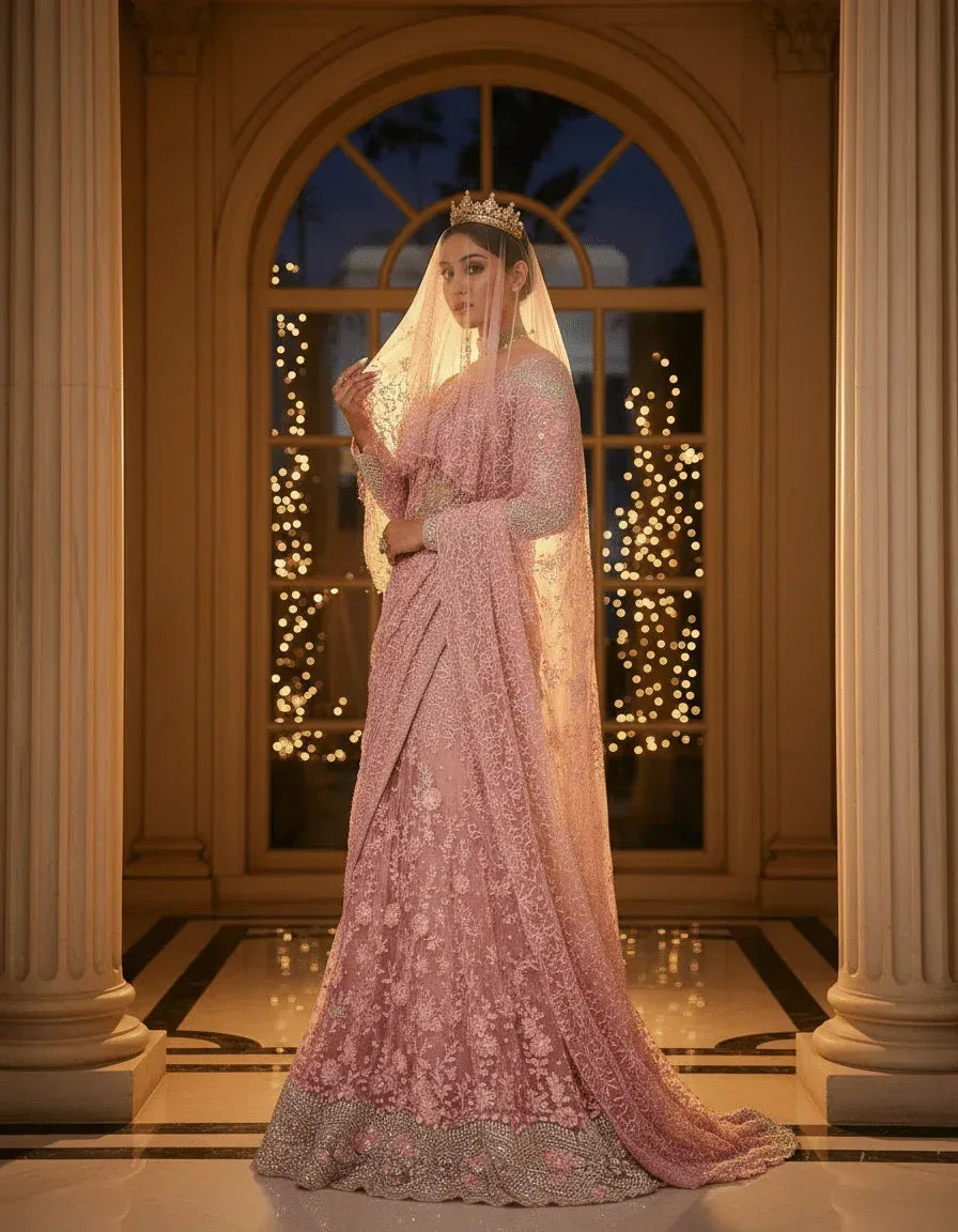 Nayoora Pastel Pink Net Saree – All - Over Floral Embroidery & Sequin Work - Nayoora