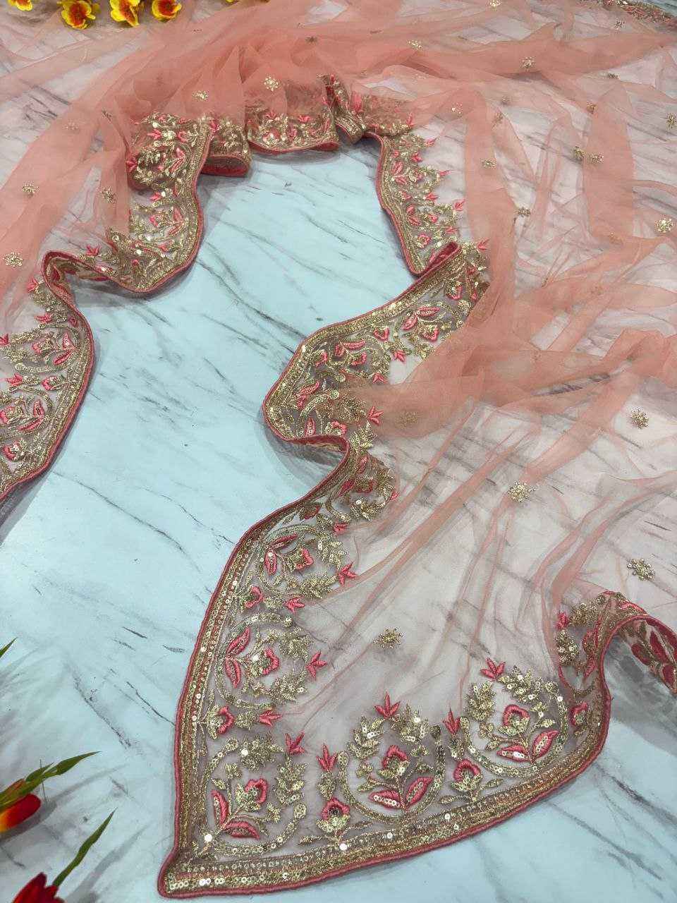 Nayoora Peach Pink Net Saree – Heavy Jari & Floral Embroidery - Nayoora