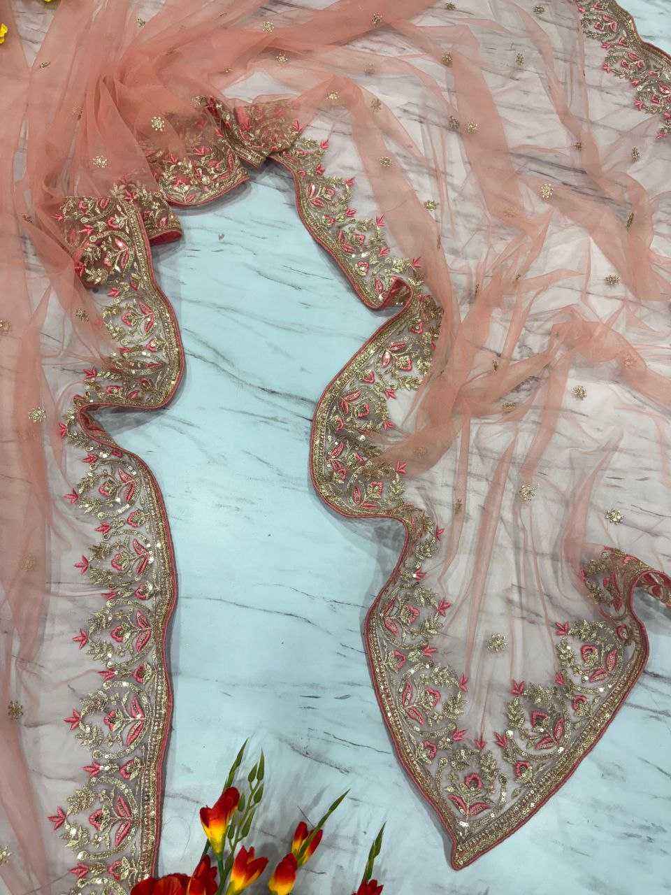 Nayoora Peach Pink Net Saree – Heavy Jari & Floral Embroidery - Nayoora