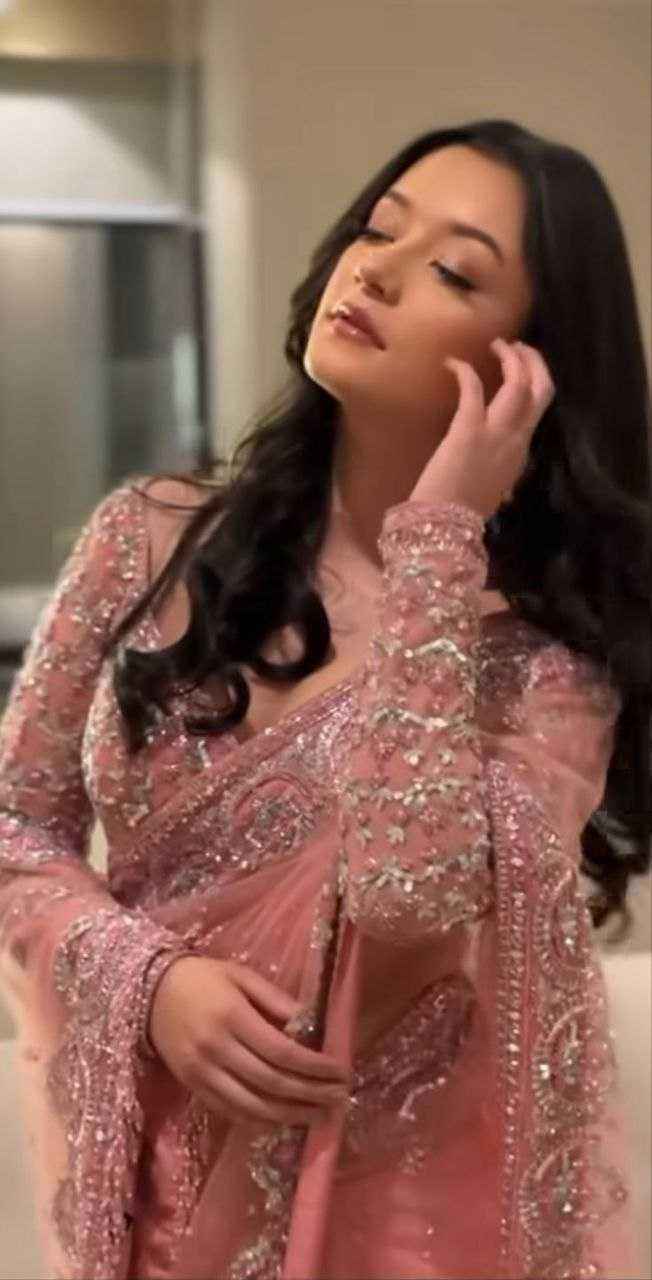 Nayoora Peach Pink Net Saree – Heavy Jari & Floral Embroidery - Nayoora