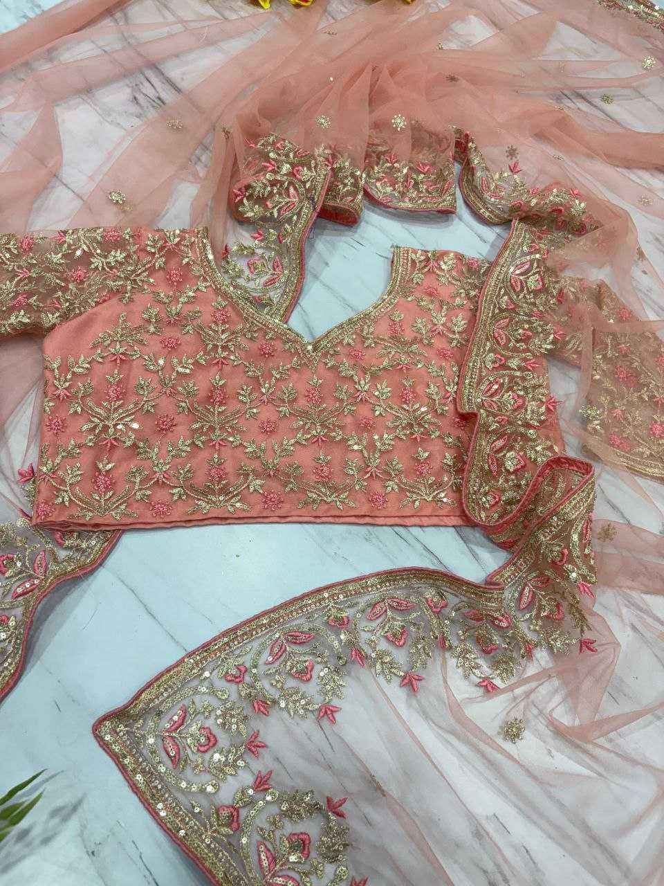 Nayoora Peach Pink Net Saree – Heavy Jari & Floral Embroidery - Nayoora