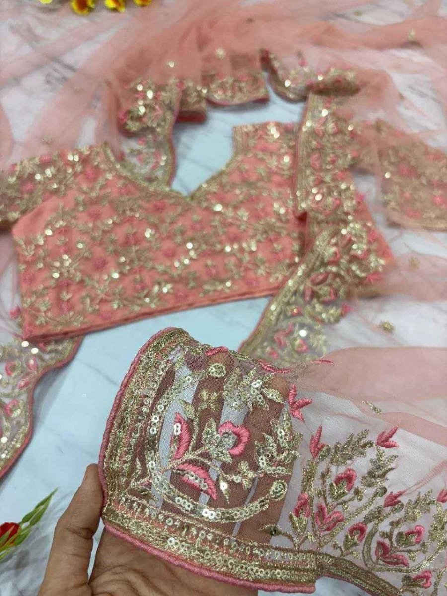 Nayoora Peach Pink Net Saree – Heavy Jari & Floral Embroidery for Wedding | Designer Butterfly Net Saree - Nayoora