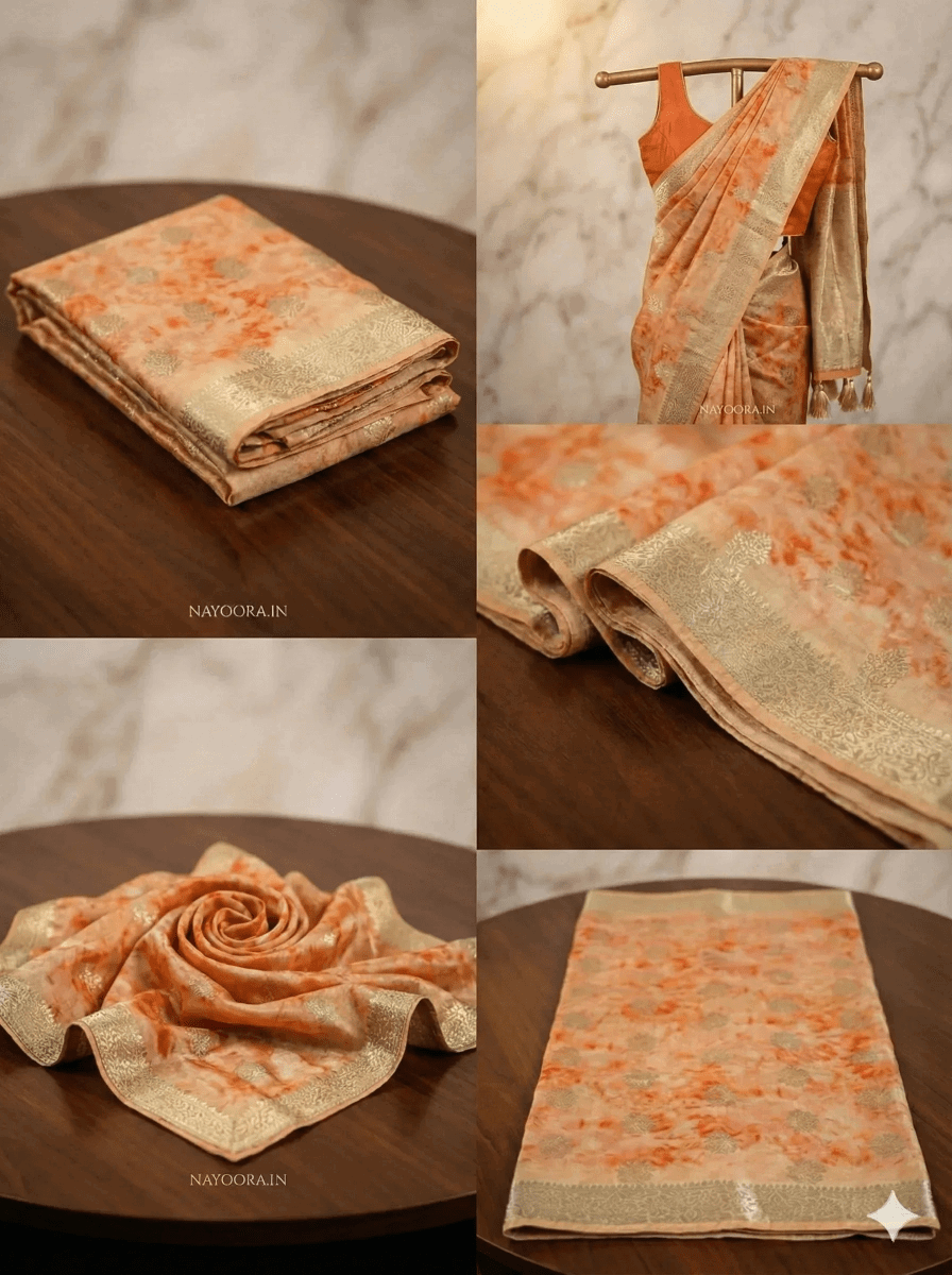 Peach shibori printed saree shown draped and folded with gold zari border