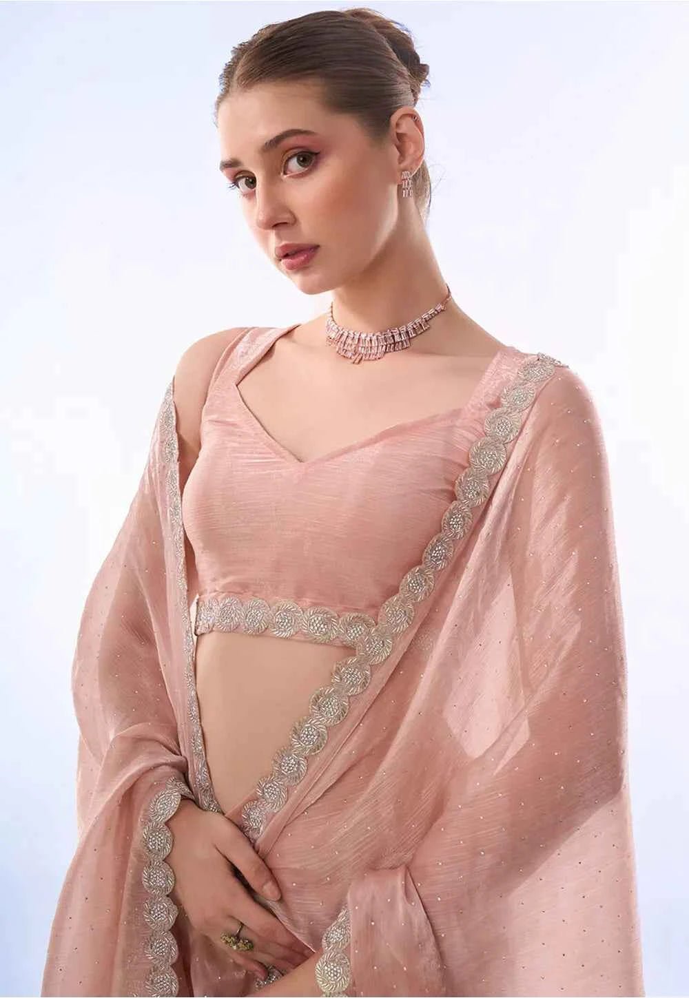 Nayoora Peach Shimmer Embellished Party Saree - Nayoora
