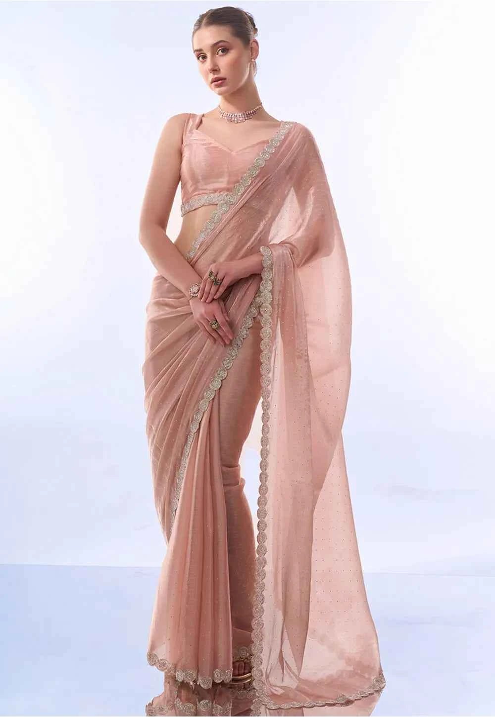 Nayoora Peach Shimmer Embellished Party Saree - Nayoora