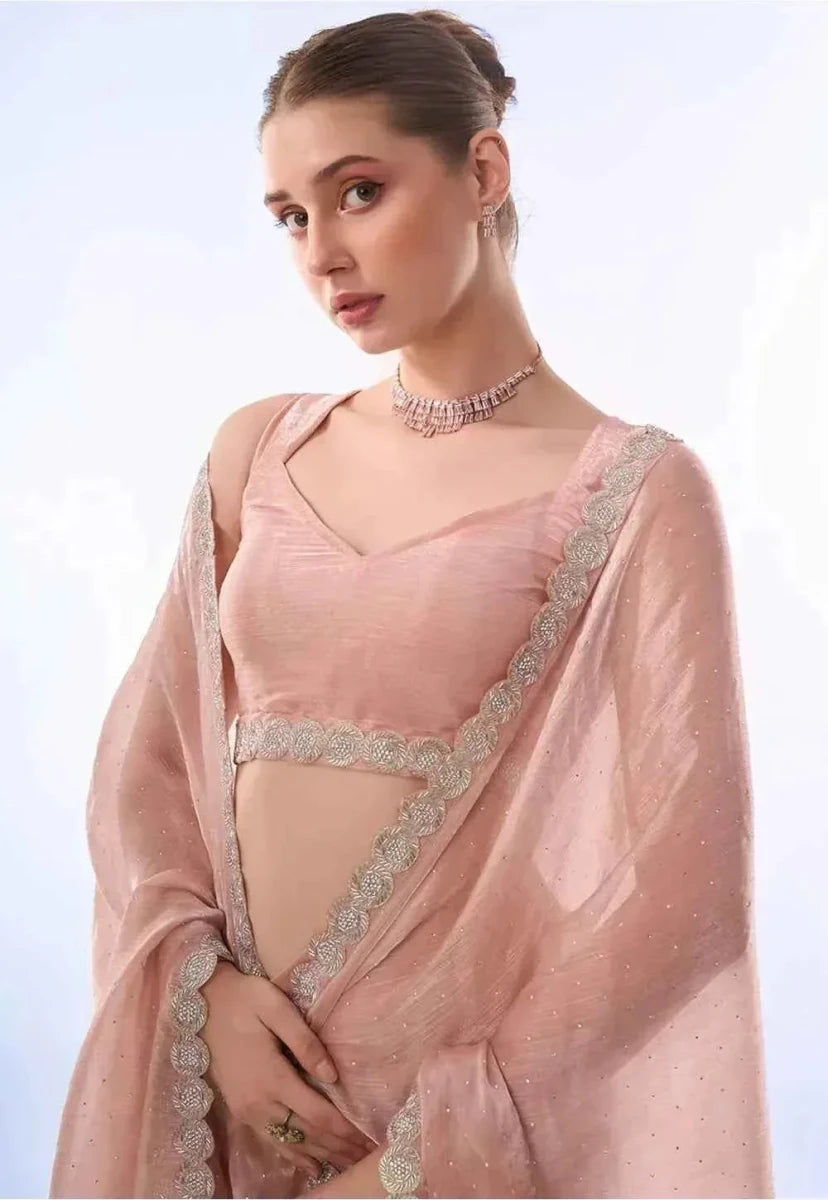 Nayoora Peach Shimmer Embellished Party Saree - Nayoora