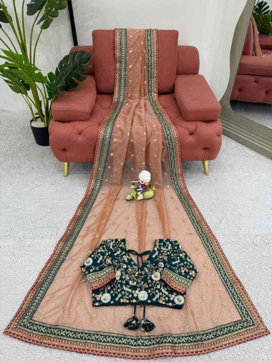 Nayoora Peach Twill Net Saree – Heavy Embroidered Border & Contrast Blouse - Nayoora