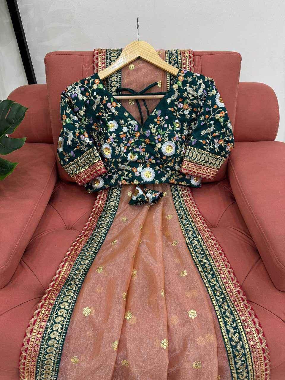 Nayoora Peach Twill Net Saree – Heavy Embroidered Border & Contrast Blouse - Nayoora