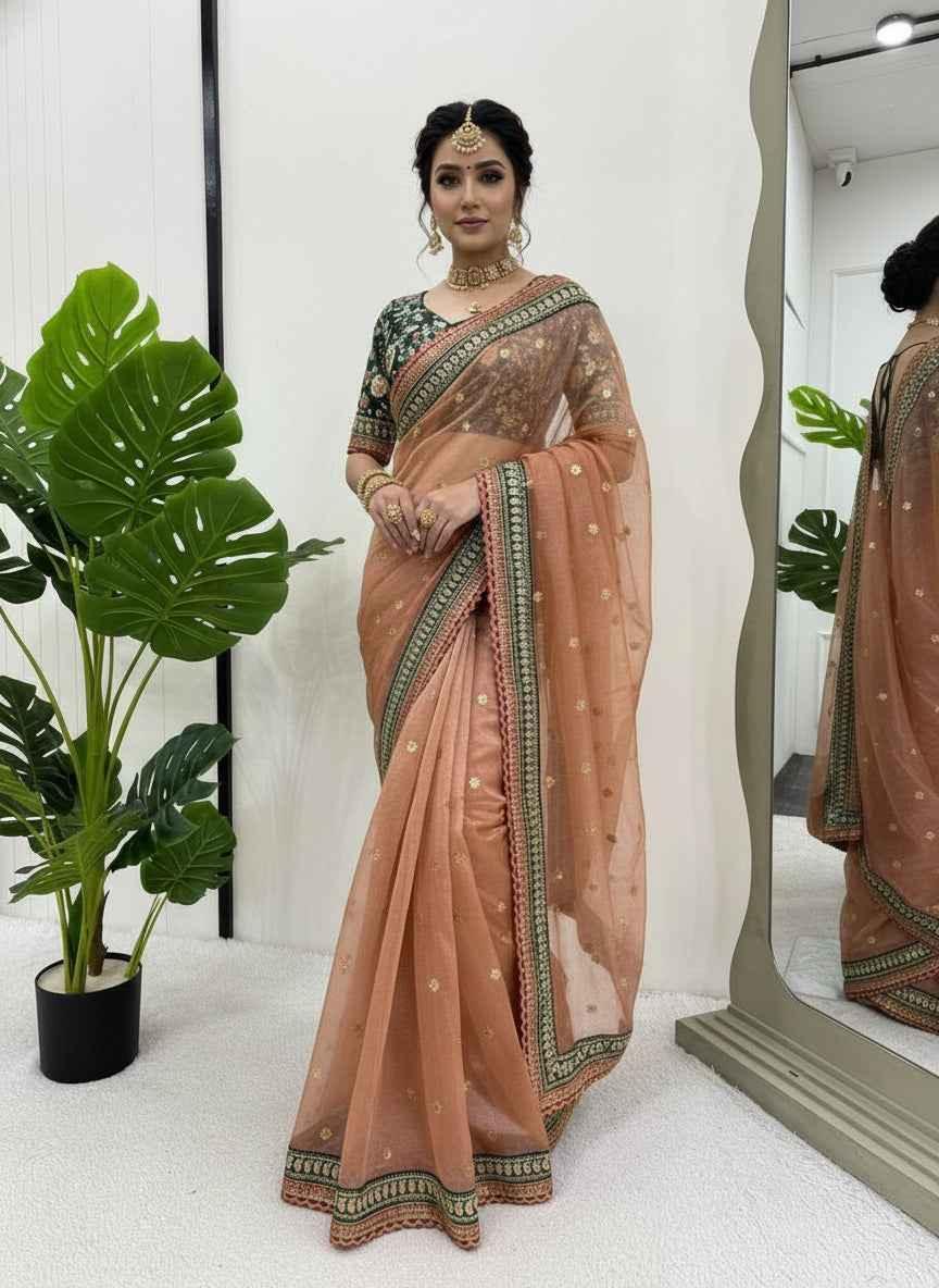 Nayoora Peach Twill Net Saree – Heavy Embroidered Border & Contrast Blouse - Nayoora