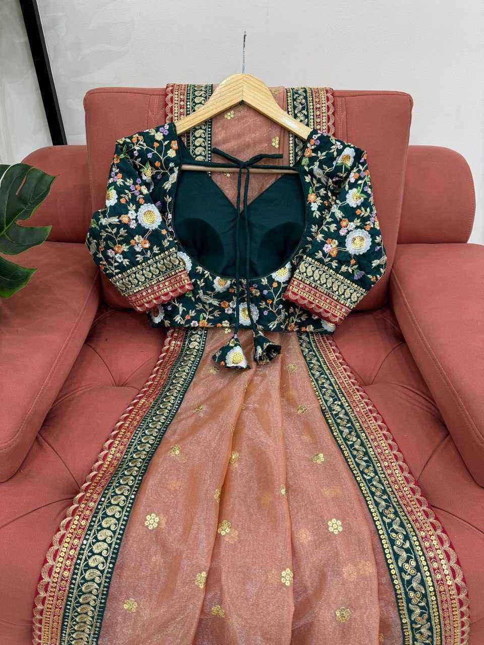 Nayoora Peach Twill Net Saree – Heavy Embroidered Border & Contrast Blouse - Nayoora