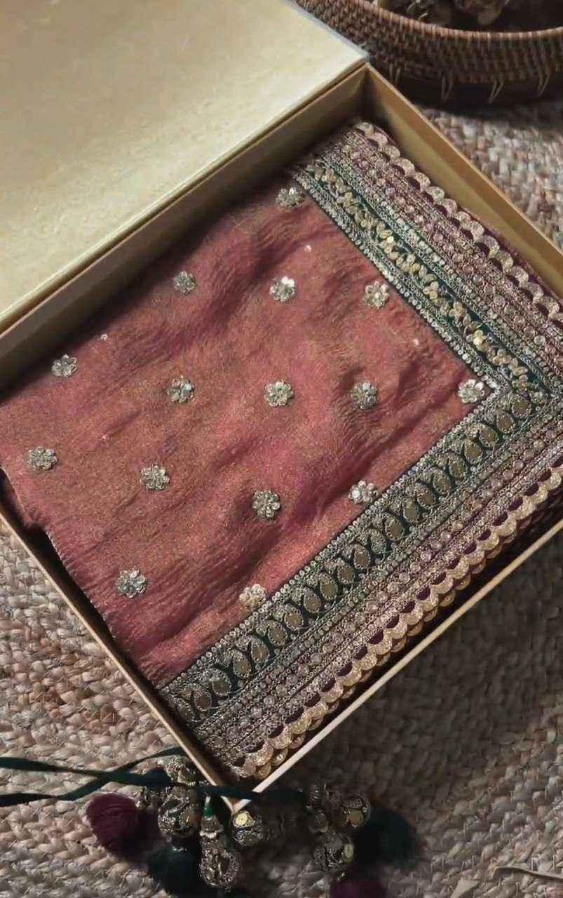 Nayoora Peach Twill Net Saree – Heavy Embroidered Border & Contrast Blouse - Nayoora