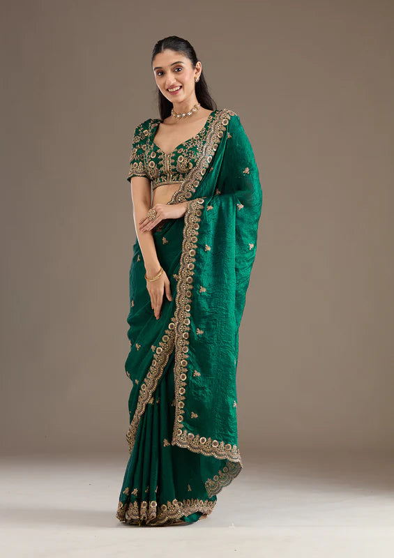 Nayoora Peacock Green Artisanal Zari and Sequence Silk Saree