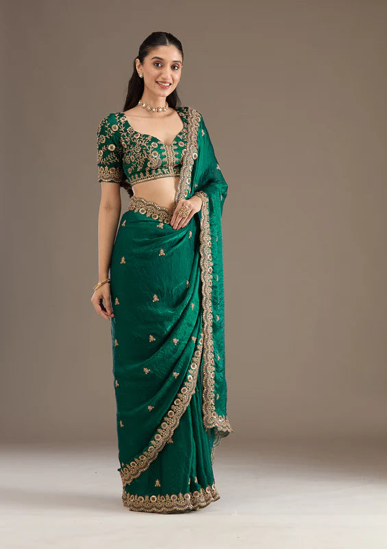 Nayoora Peacock Green Artisanal Zari and Sequence Silk Saree