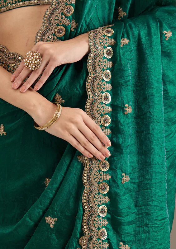 Nayoora Peacock Green Artisanal Zari and Sequence Silk Saree