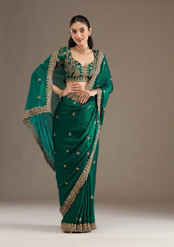 Nayoora Peacock Green Artisanal Zari and Sequence Silk Saree