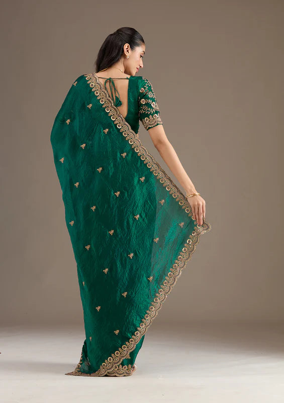 Nayoora Peacock Green Artisanal Zari and Sequence Silk Saree