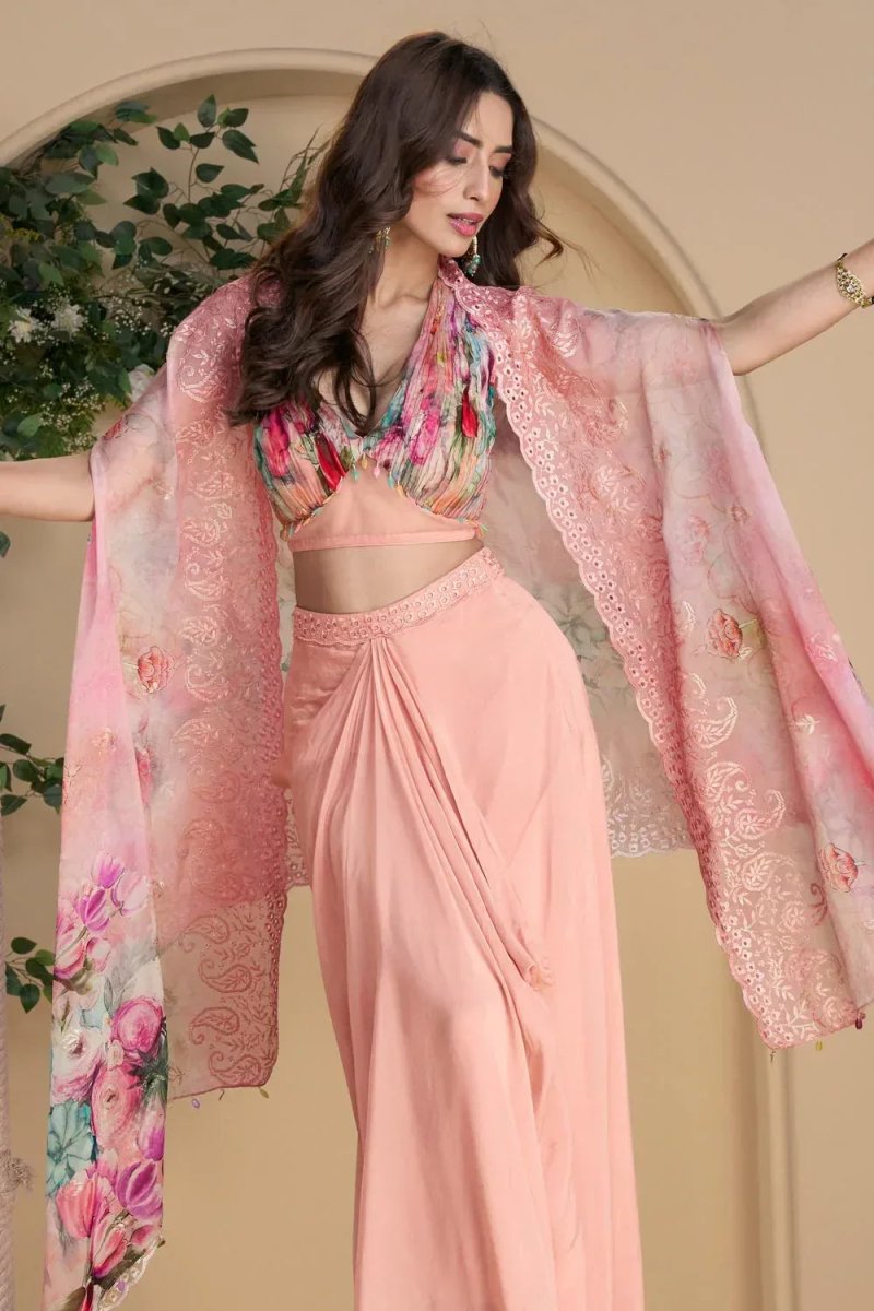 Nayoora Pink Floral Chinon Silk Designer Fusion Set - Nayoora