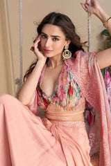 Floral chinon silk blouse with lace trim, paired with matching draped skirt and dupatta