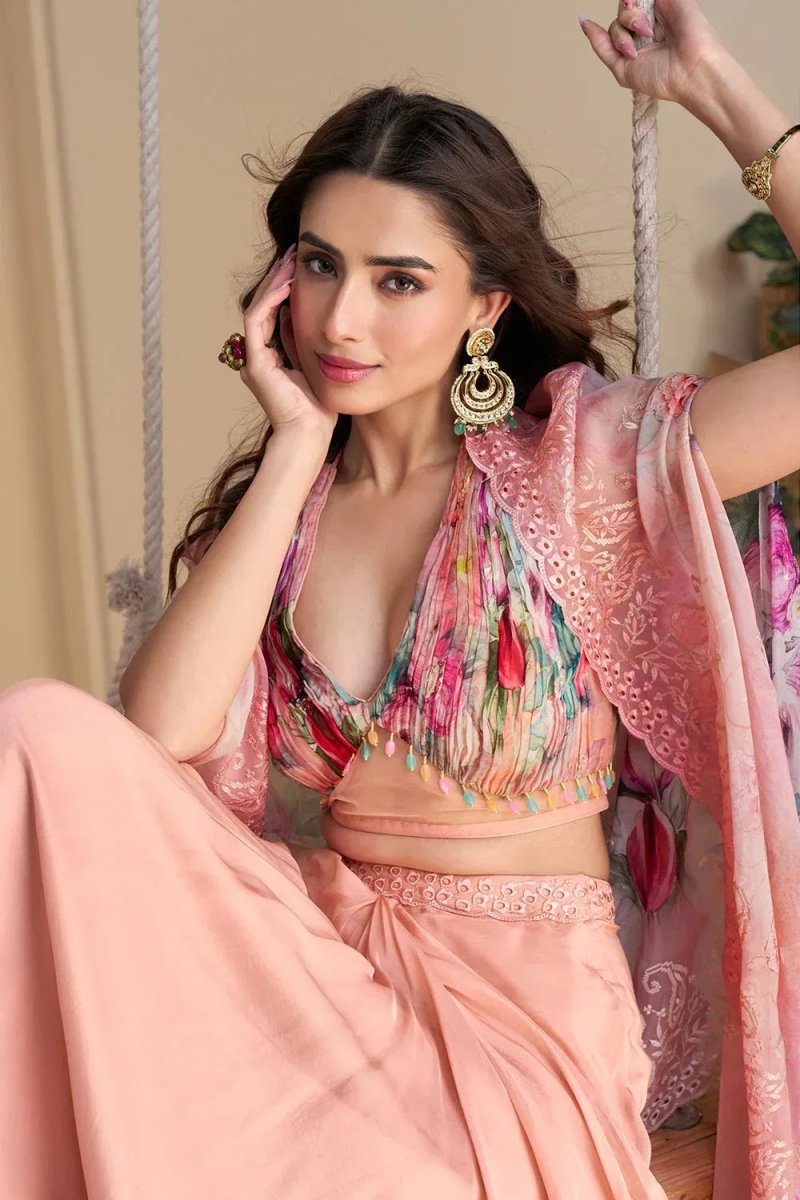 Nayoora Pink Floral Chinon Silk Designer Fusion Set - Nayoora