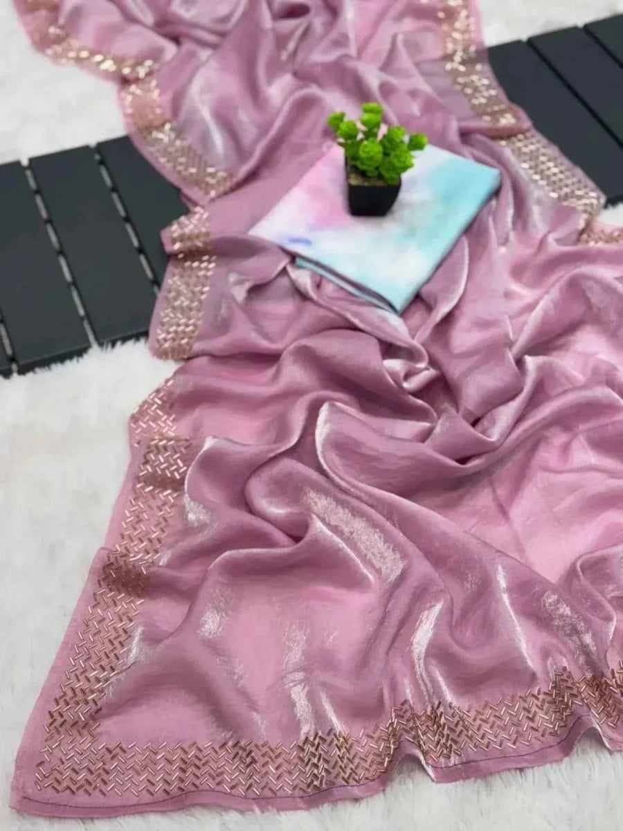 Nayoora Pink Tissue Simari Saree – Beads Handwork & Sybori Blouse - Nayoora