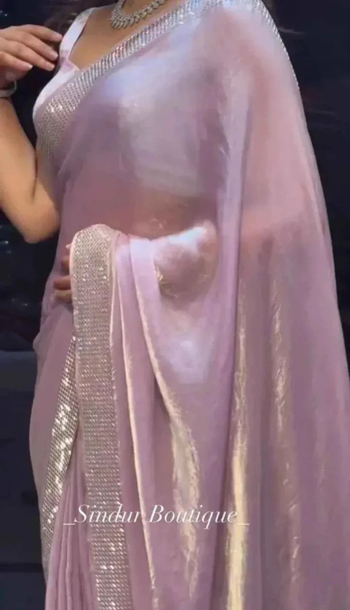 Nayoora Pink Tissue Simari Saree – Beads Handwork & Sybori Blouse - Nayoora