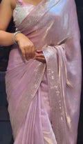 Nayoora Pink Tissue Simari Saree – Beads Handwork & Sybori Blouse - Nayoora