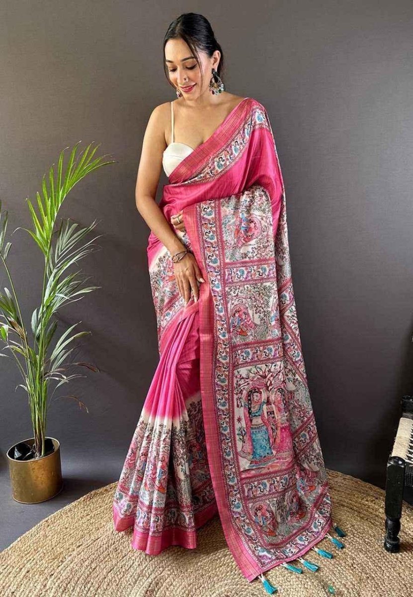 Pink and ivory printed tussar silk saree with contrasting pallu border, full drape