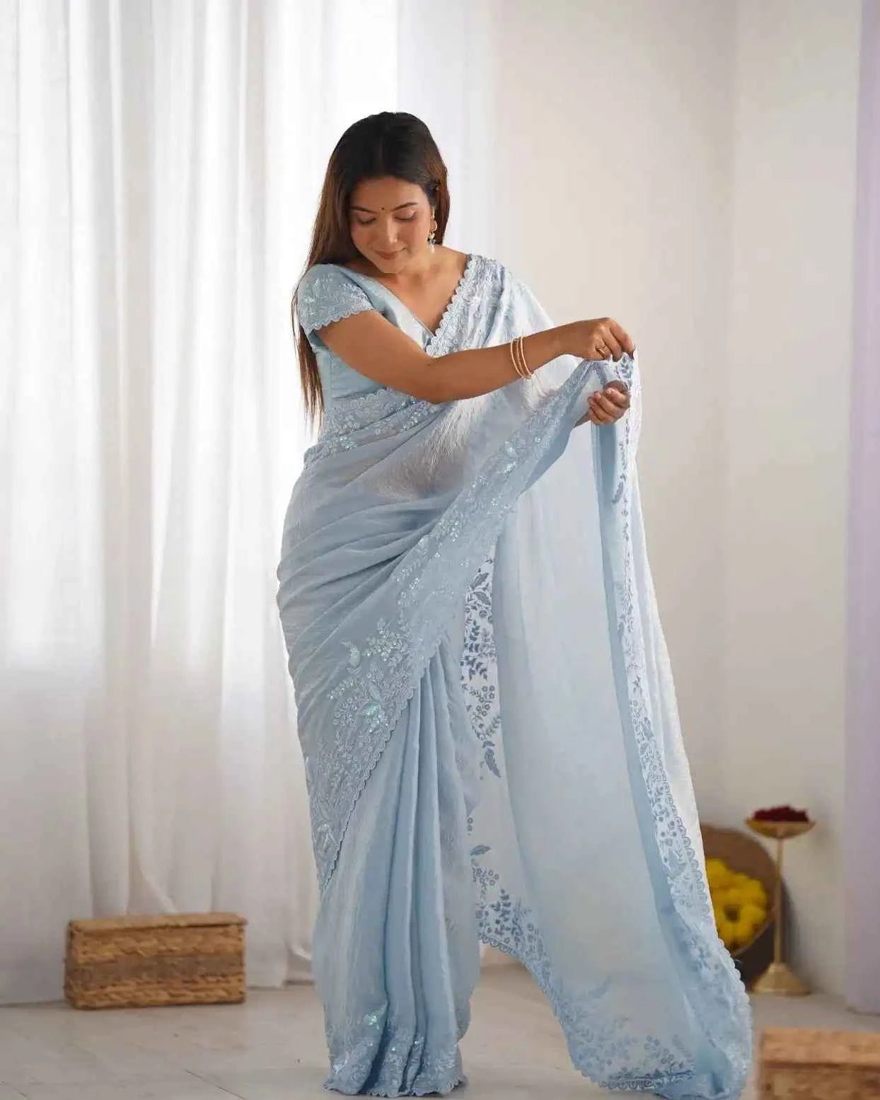 Nayoora Powder Blue Crushed Tissue Saree – Lucknowi Sequin Work - Nayoora