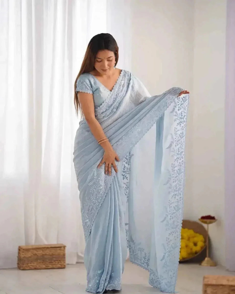 Nayoora Powder Blue Crushed Tissue Saree – Lucknowi Sequin Work - Nayoora