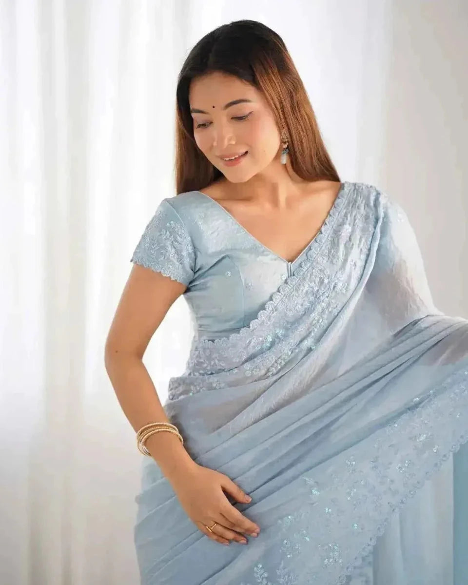 Nayoora Powder Blue Crushed Tissue Saree – Lucknowi Sequin Work - Nayoora